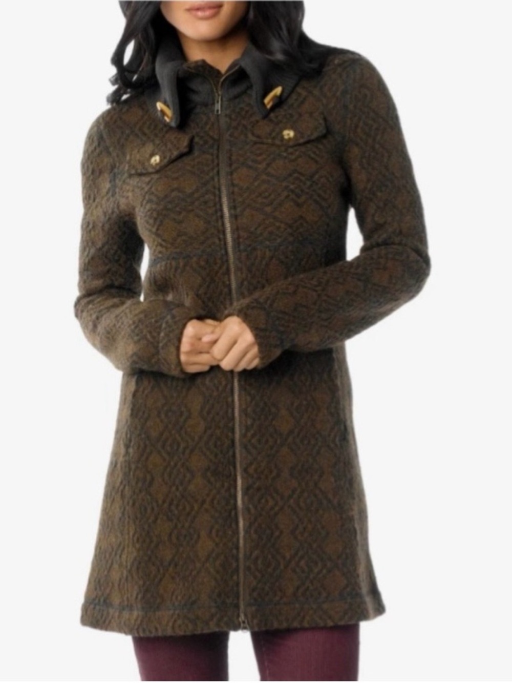 Prana Annabel Wool Blend Olive Brown Patterned Zip Front Coat